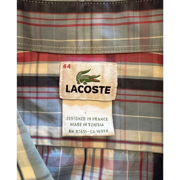 Lacoste Mens Oxford Shirt Blue Pink Plaid Long Sleeve 100% Cotton Pocket M 44 - Picture 4 of 5